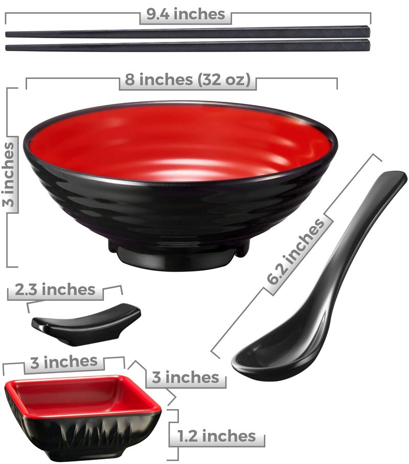 Practimondo Unbreakable Ramen Bowl Set with Chopsticks and Spoon: 2 large Japanese Style Melamine Ramen Bowls, Dipping Bowls and Chopstick Stands for Asian Pho Soup Thai Miso Udon Wonton (2 Bowl Set, Red-Black) - Image 2